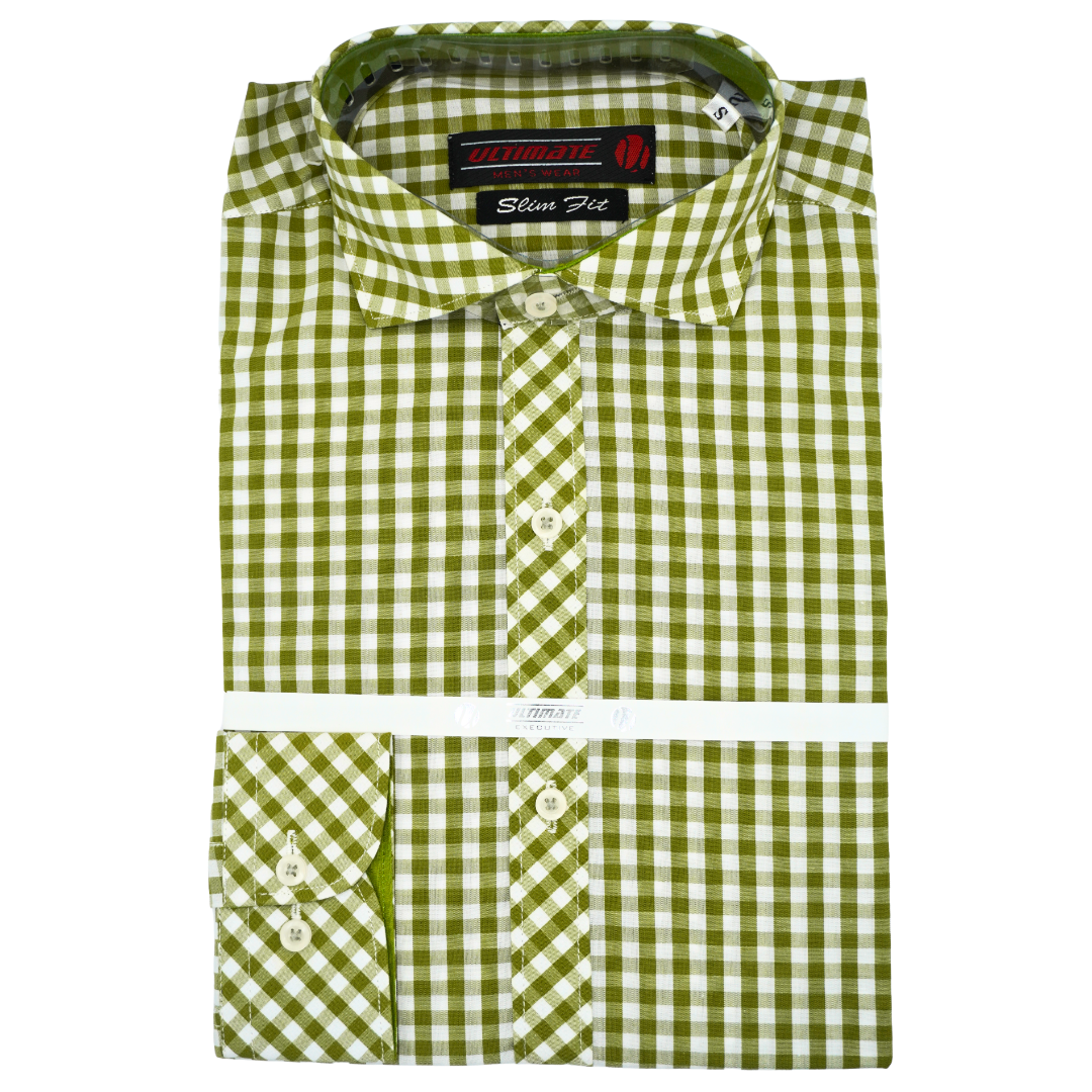 Olive Green & White Gingham Check dress shirt