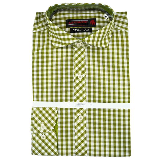 Olive Green & White Gingham Check dress shirt