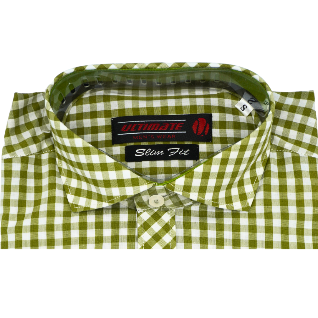 Olive Green & White Gingham Check dress shirt