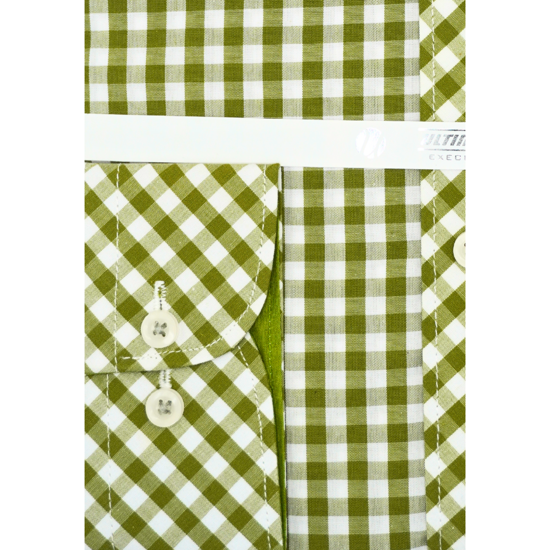 Olive Green & White Gingham Check dress shirt